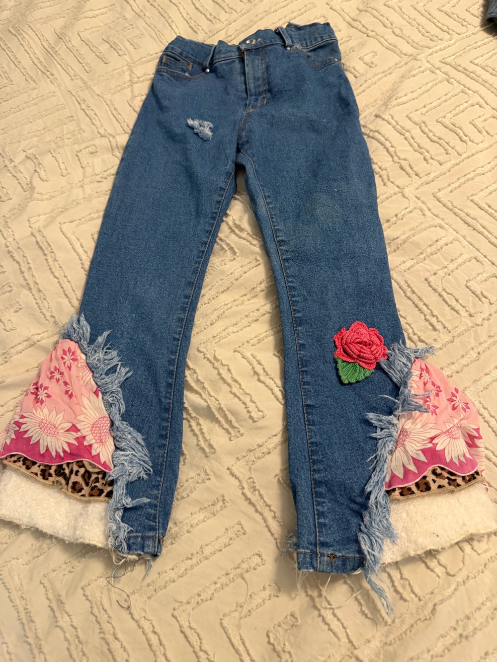 Boutique Blue Skinny Jeans with Pink Floral and Red Rose Accent